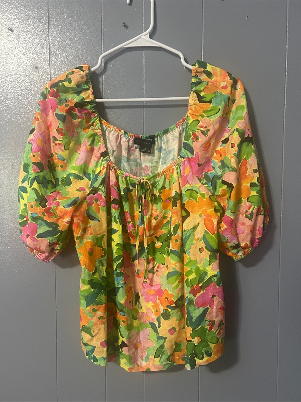 Sanctuary Multicolor Floral Puff-Sleeve Blouse in Yellow, Pink & Green